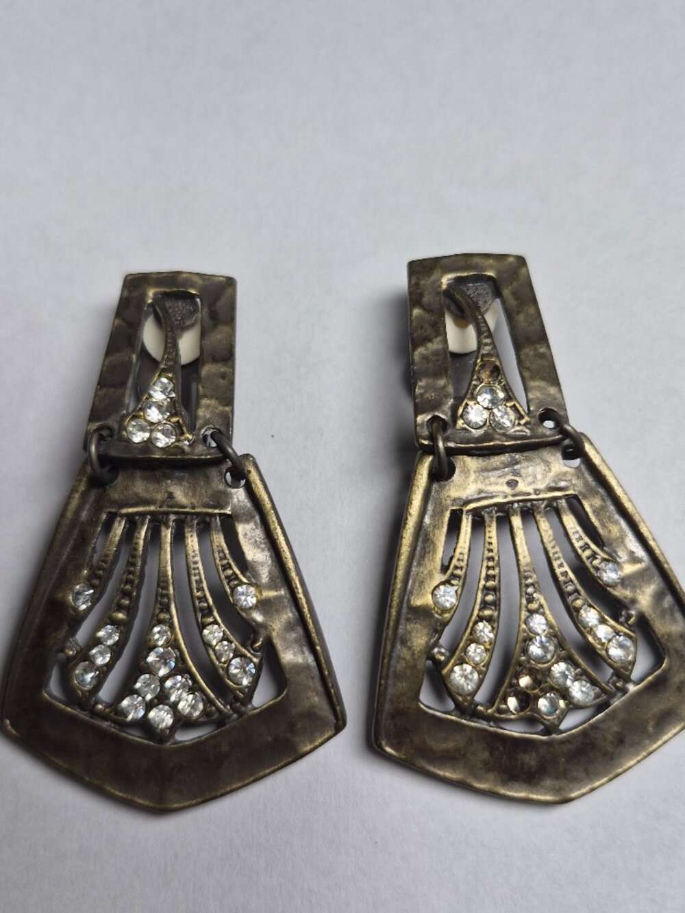 Vintage Art Deco Revival Brass Rhinestone Shield Dangle Clip On Earrings